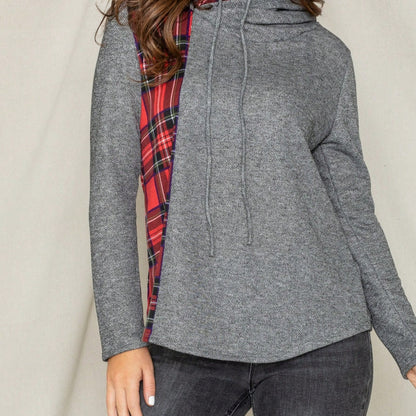 Women's Stylish Long Sleeve Knitted Fabric Top With Plaid Contrast Panel And Drawstring Detail Casual Regular Length Blouse