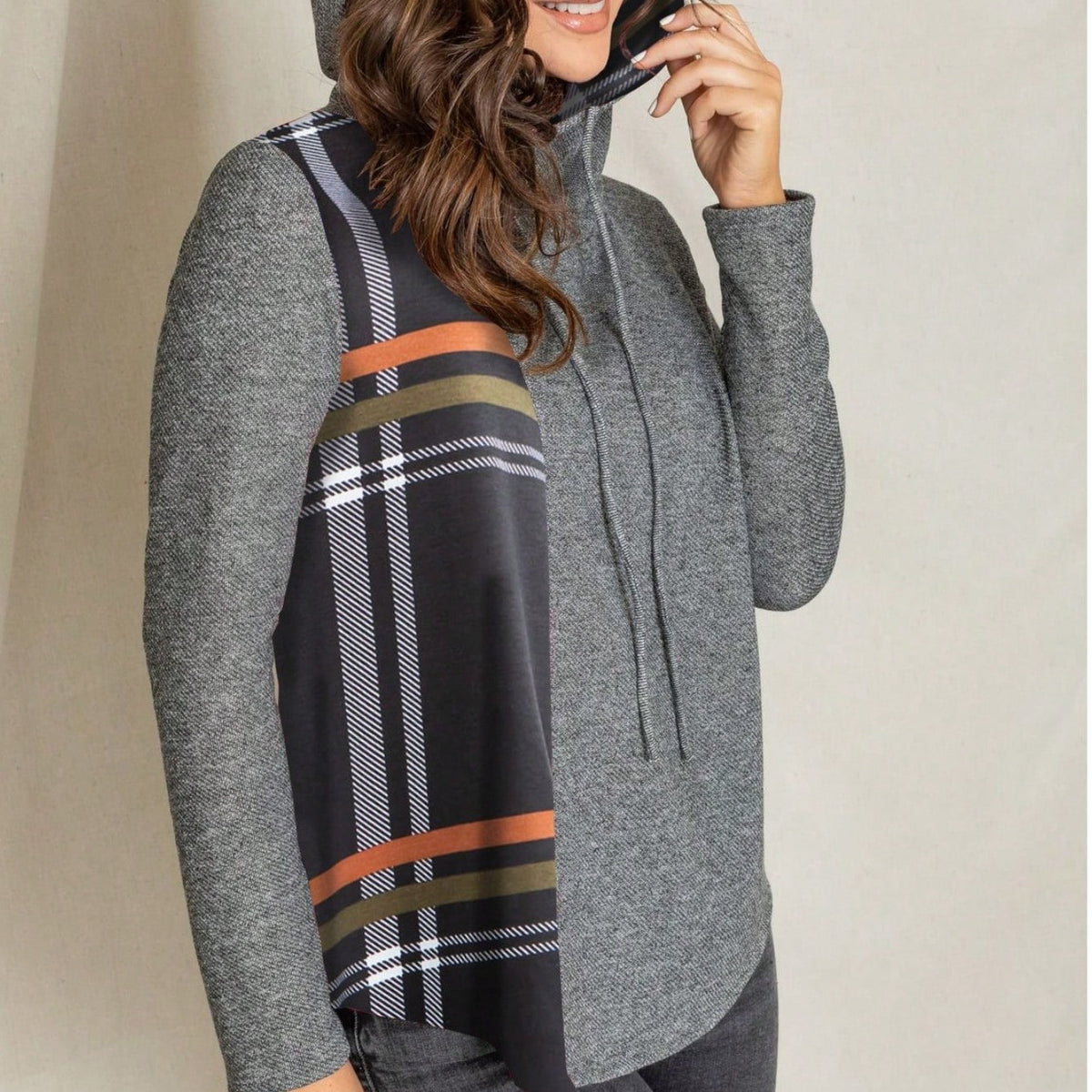 Women's Stylish Long Sleeve Knitted Fabric Top With Plaid Contrast Panel And Drawstring Detail Casual Regular Length Blouse