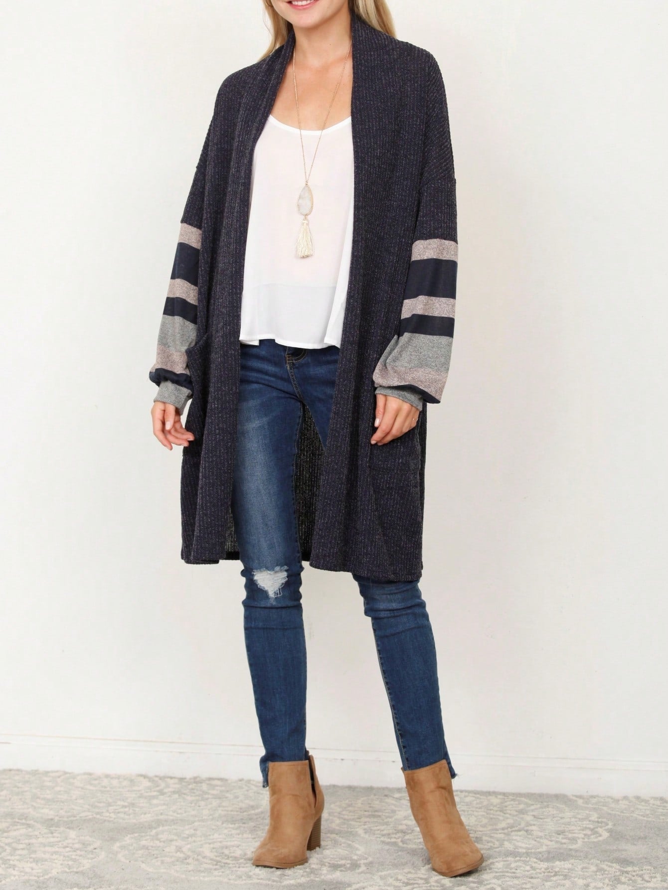 Boho Vintage Stripe Grey Violet Light Weight Three Quarter Sleeve  Knit Slouch Kimono Cardigan