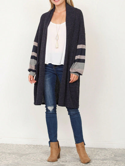 Boho Vintage Stripe Grey Violet Light Weight Three Quarter Sleeve  Knit Slouch Kimono Cardigan