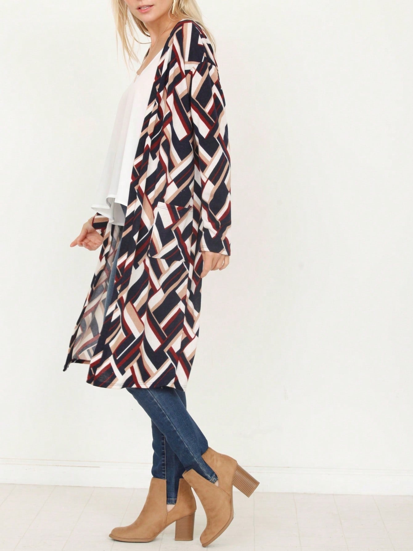 Boho Vintage Stripe Grey Violet Light Weight Three Quarter Sleeve  Knit Slouch Kimono Cardigan