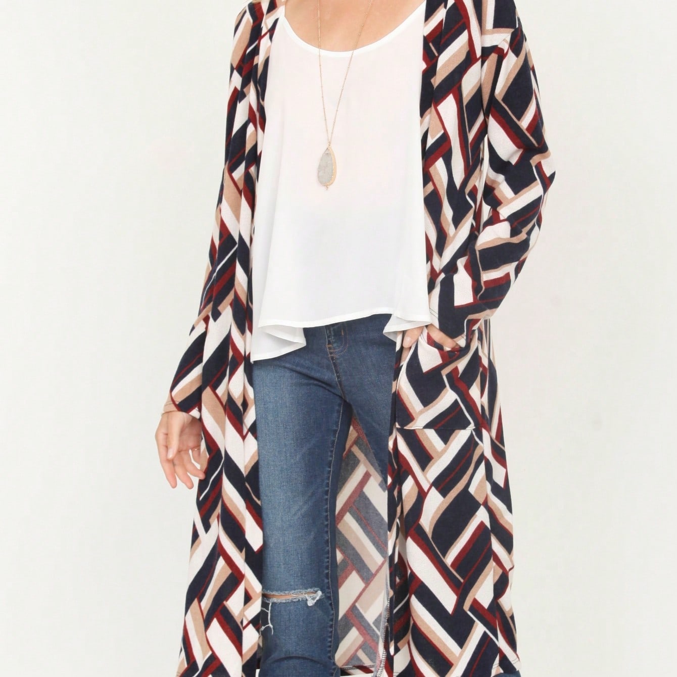 Boho Vintage Stripe Grey Violet Light Weight Three Quarter Sleeve  Knit Slouch Kimono Cardigan