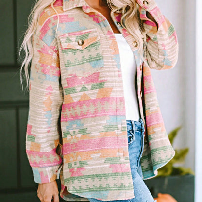 Women Cute Boho Vintage Knitted Fabric Lapel Regular Sleeve Flared Hem Shirt With Ruffle Details For Casual Wear