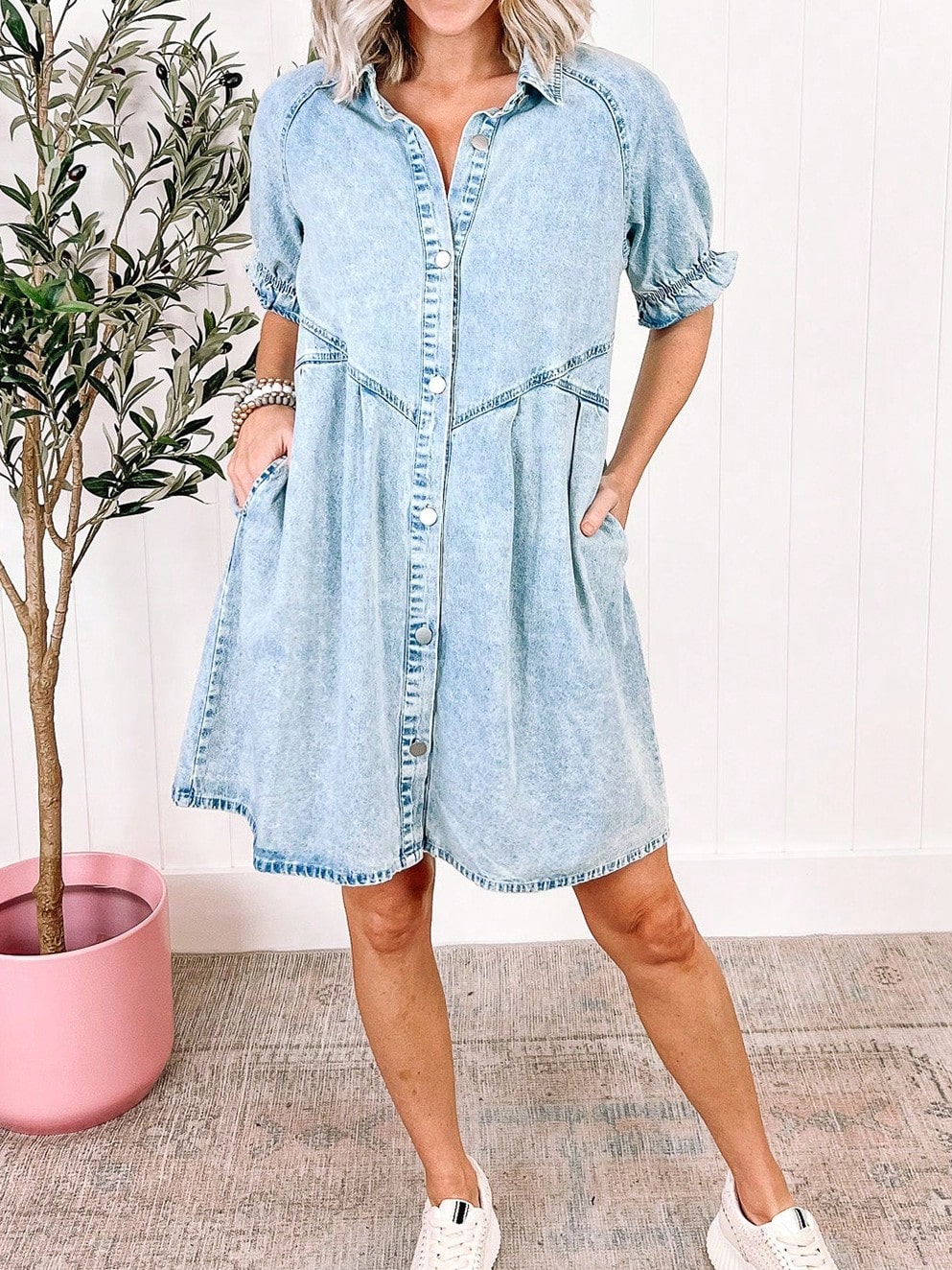 Boho Retro Plaid Button Down Cotton Shirt Tiered Dress