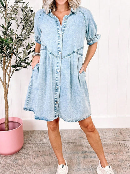 Boho Retro Plaid Button Down Cotton Shirt Tiered Dress