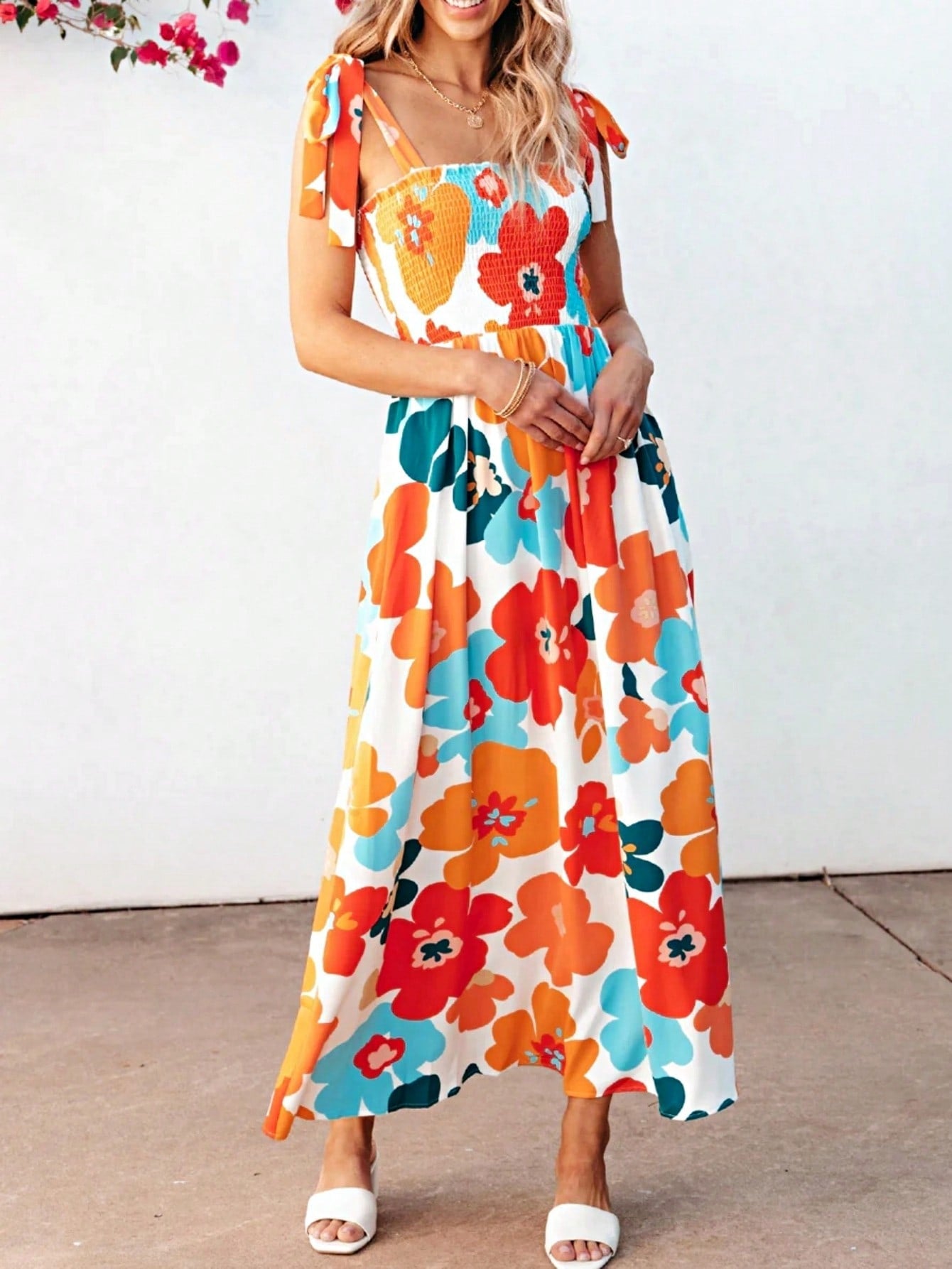 Boho Vacation Geo Smocked Black Pink Wavy Trimmed Tiered Maxi Long Dress V Neck Versatile Summer Dress For Women