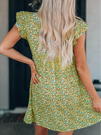 Boho Retro Sage Green  Solid Frilled Seam Round Neck T Shirt Elegant Classic  Shirred Ruffle Puff Versatile  Mini Dress For Women