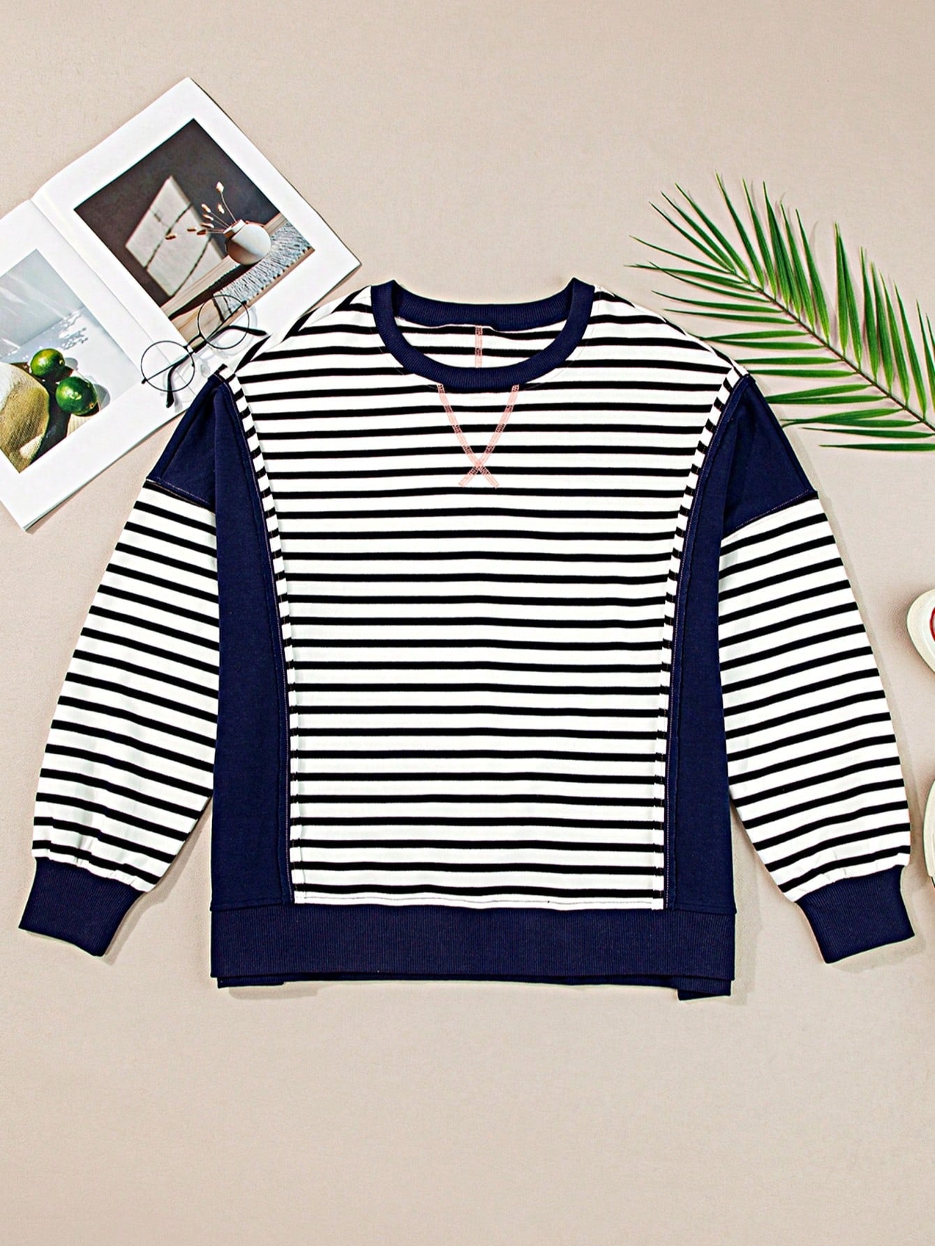 Boho Retro 90's Cotton Mix  Drop Shoulder Stripe Raglan Oversized Side Slit Dolman Shirt Top  Sweatshirt Pullover
