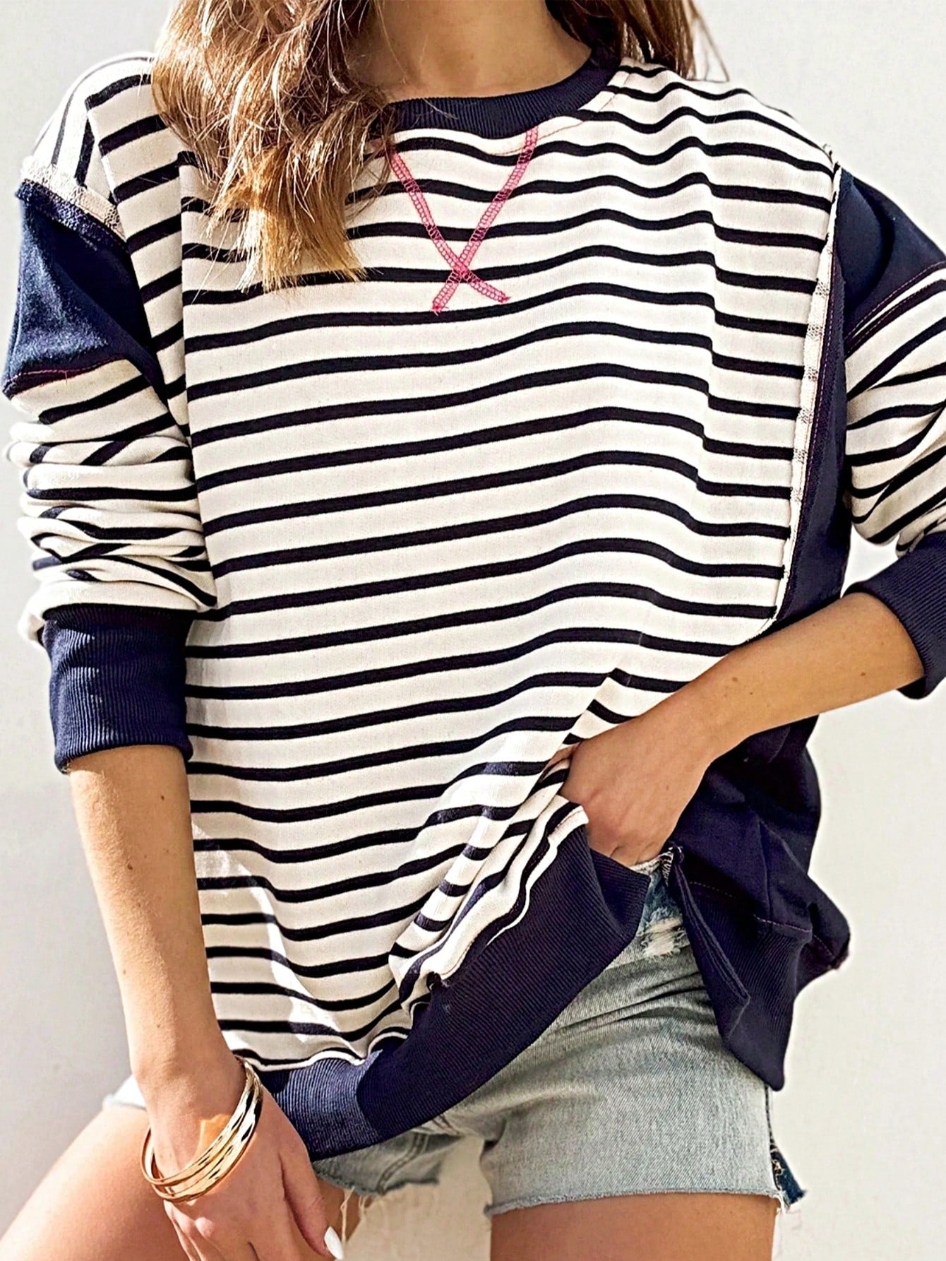 Boho Retro 90's Cotton Mix  Drop Shoulder Stripe Raglan Oversized Side Slit Dolman Shirt Top  Sweatshirt Pullover
