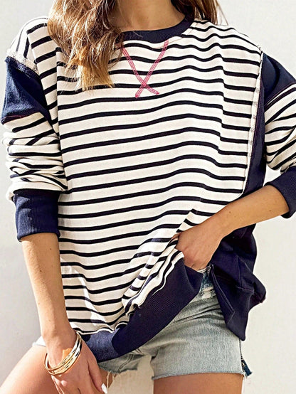 Boho Retro 90's Cotton Mix  Drop Shoulder Stripe Raglan Oversized Side Slit Dolman Shirt Top  Sweatshirt Pullover