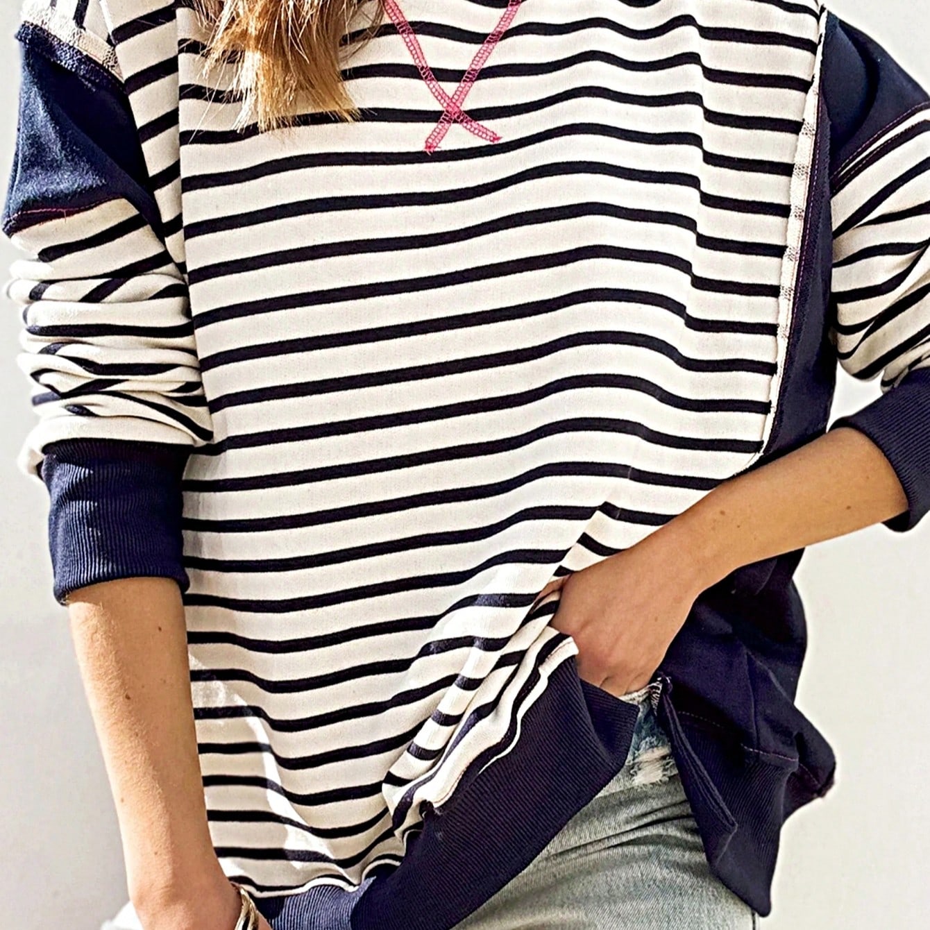 Boho Retro 90's Cotton Mix  Drop Shoulder Stripe Raglan Oversized Side Slit Dolman Shirt Top  Sweatshirt Pullover