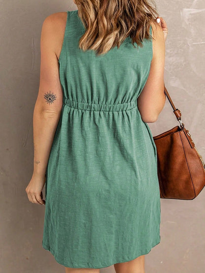 Boho Retro Sage Green  Solid Frilled Seam Round Neck T Shirt Elegant Classic  Shirred Ruffle Puff Versatile  Mini Dress For Women