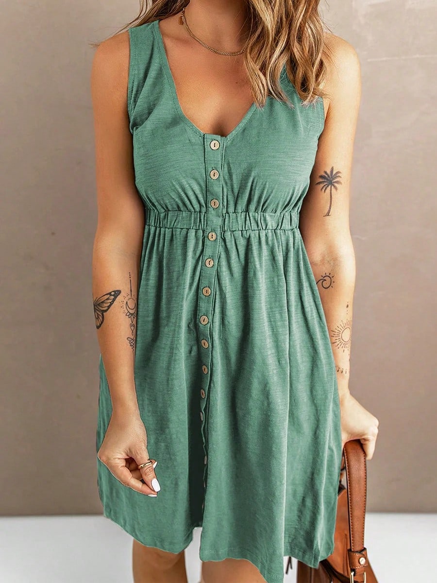 Boho Retro Sage Green  Solid Frilled Seam Round Neck T Shirt Elegant Classic  Shirred Ruffle Puff Versatile  Mini Dress For Women
