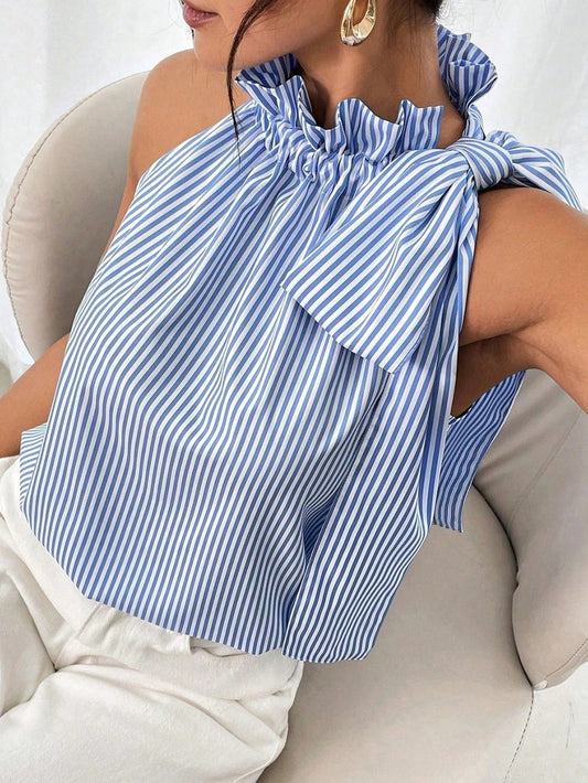 Boho Retro Blue Black Pin Stripe Shirred Scrunched Up Cuff Sleeve Light Weight Overs Sized Button Down Shirt Tunic Blouse