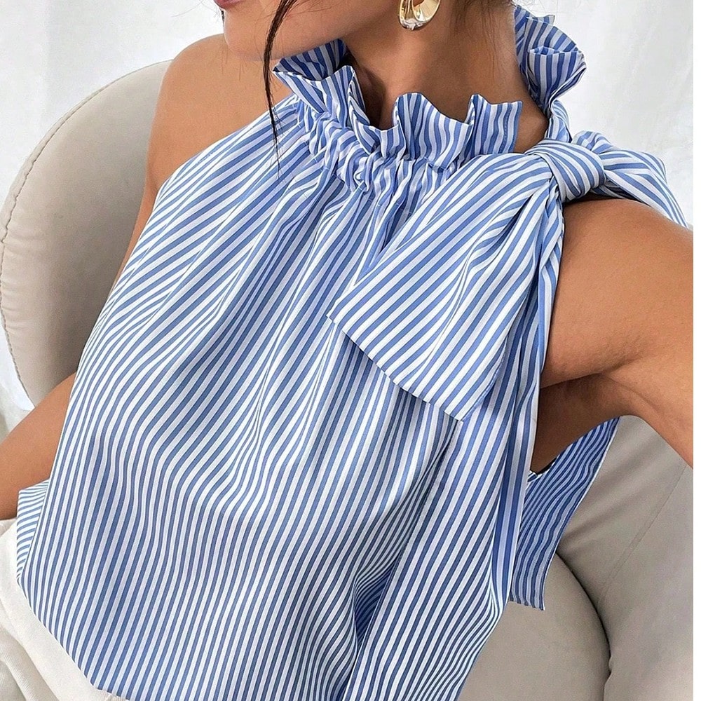 Boho Retro Blue Black Pin Stripe Shirred Scrunched Up Cuff Sleeve Light Weight Overs Sized Button Down Shirt Tunic Blouse