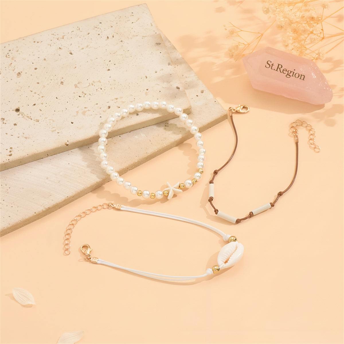 Pearl & White Resin Goldtone Cylinder Starfish Shell Charm Anklet Set