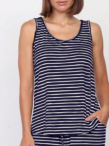 Navy /Grey Rayon Top Summer Cool Rayon Stripe Round Neck Sleeveless  Blouse Tunic Top  Small To 3 XL Plus