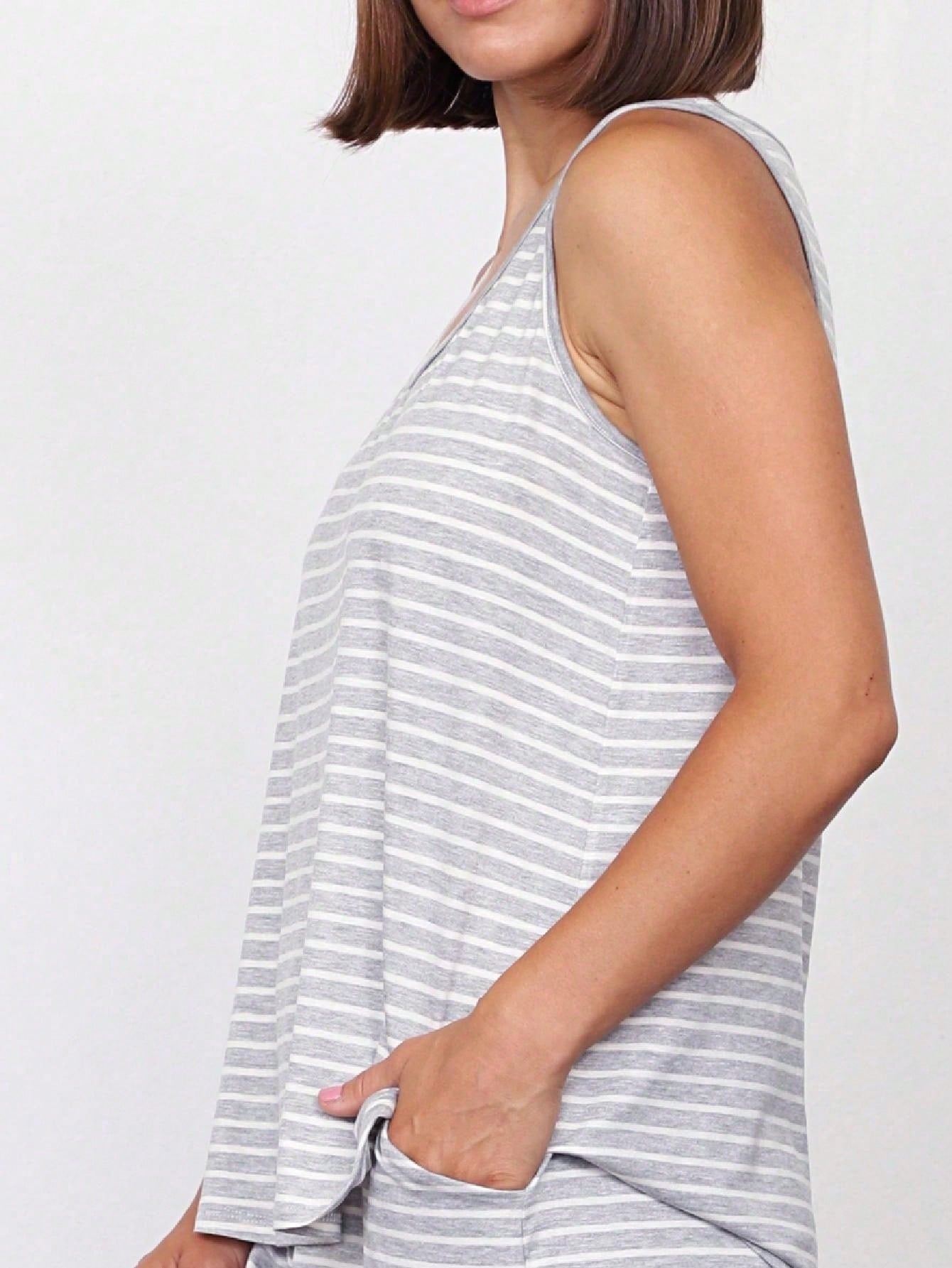 Navy /Grey Rayon Top Summer Cool Rayon Stripe Round Neck Sleeveless  Blouse Tunic Top  Small To 3 XL Plus