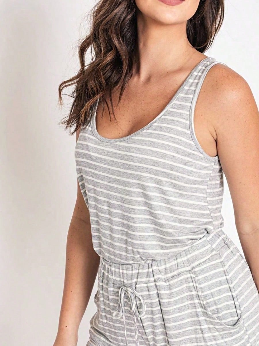 Navy /Grey Rayon Top Summer Cool Rayon Stripe Round Neck Sleeveless  Blouse Tunic Top  Small To 3 XL Plus