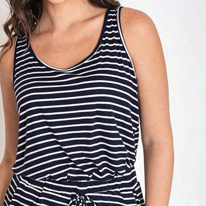 Navy /Grey Rayon Top Summer Cool Rayon Stripe Round Neck Sleeveless  Blouse Tunic Top  Small To 3 XL Plus