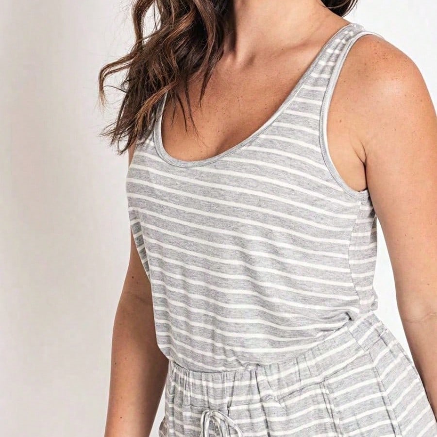 Navy /Grey Rayon Top Summer Cool Rayon Stripe Round Neck Sleeveless  Blouse Tunic Top  Small To 3 XL Plus