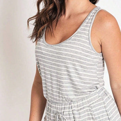 Navy /Grey Rayon Top Summer Cool Rayon Stripe Round Neck Sleeveless  Blouse Tunic Top  Small To 3 XL Plus