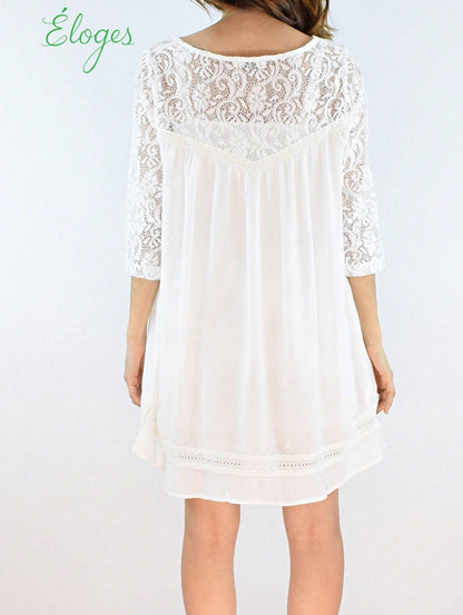 Solid Frilled Seam Round Neck T Shirt Elegant Classic  Shirred Ruffle Puff Versatile  Mini Dress For Women