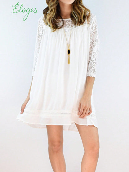 Solid Frilled Seam Round Neck T Shirt Elegant Classic  Shirred Ruffle Puff Versatile  Mini Dress For Women
