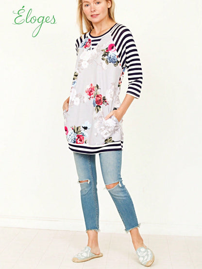 Boho Retro 90's Vintage  Preppy V Stitch  Stripe Knit Contrast Binding Brushed Soft Stripe Raglan Sleeve Tunic Top Pullover