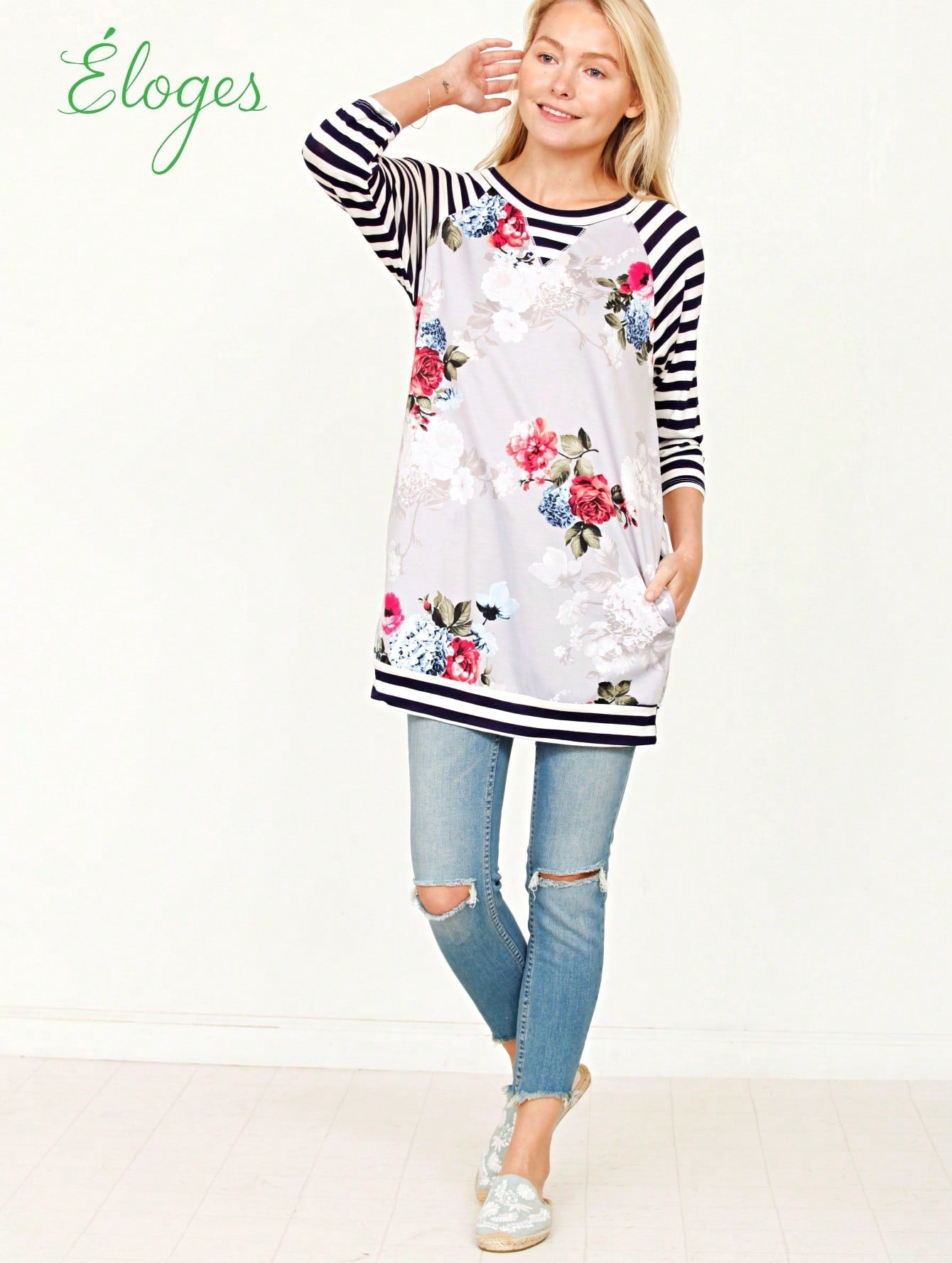 Boho Retro 90's Vintage  Preppy V Stitch  Stripe Knit Contrast Binding Brushed Soft Stripe Raglan Sleeve Tunic Top Pullover