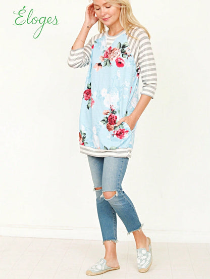 Boho Retro 90's Vintage  Preppy V Stitch  Stripe Knit Contrast Binding Brushed Soft Stripe Raglan Sleeve Tunic Top Pullover