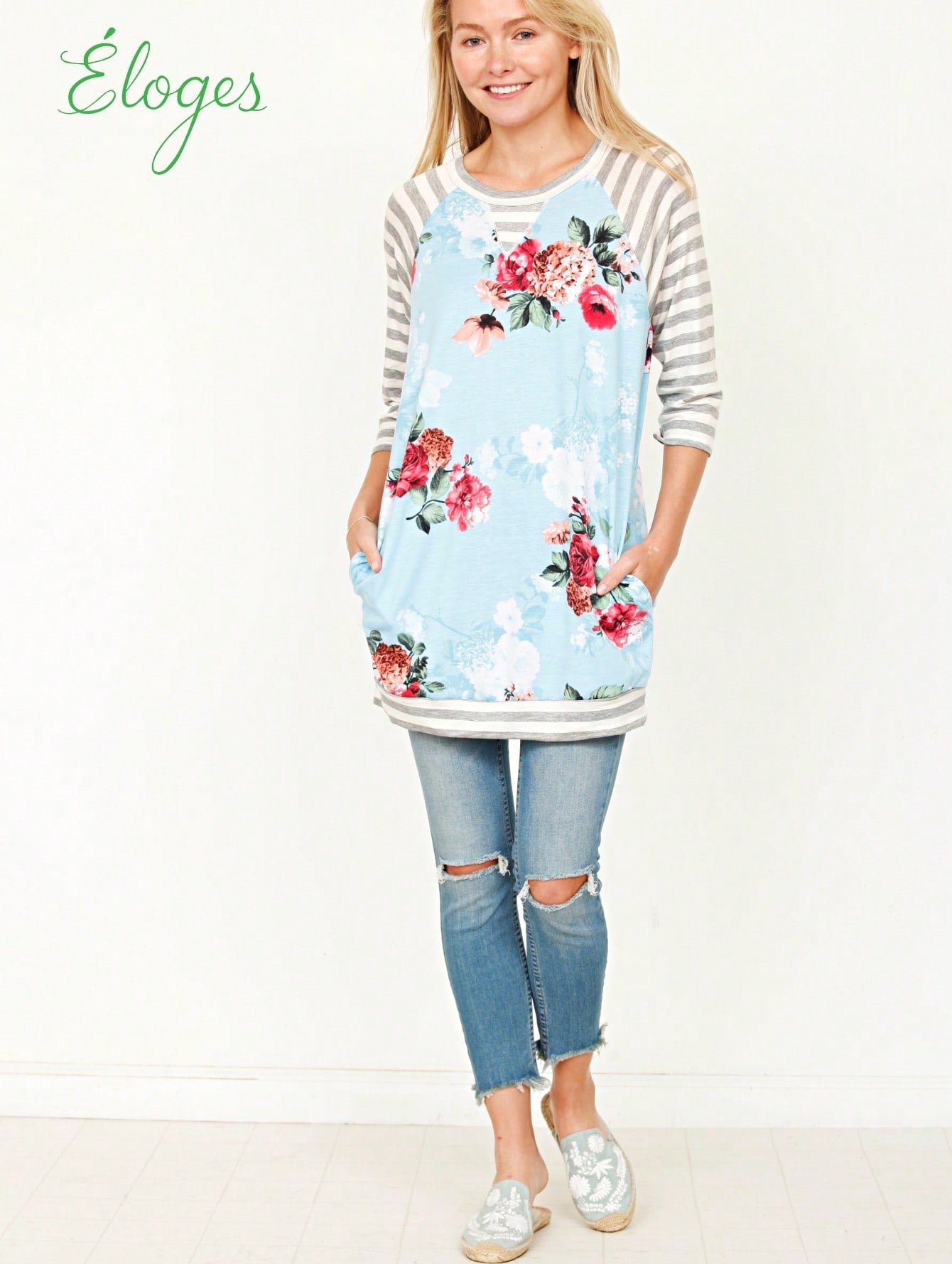 Boho Retro 90's Vintage  Preppy V Stitch  Stripe Knit Contrast Binding Brushed Soft Stripe Raglan Sleeve Tunic Top Pullover