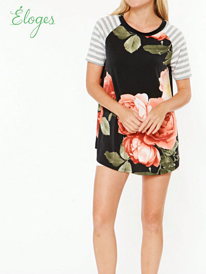 Summer Cool Floral Stripe Raglan Stripe Sleeve Top T Shirt Blouse |  Small -3 XL
