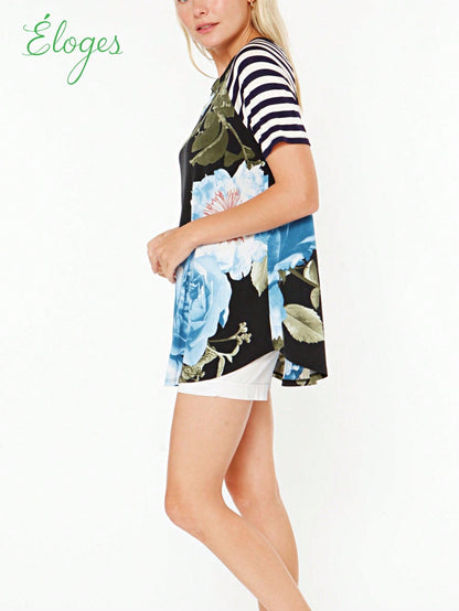 Summer Cool Floral Stripe Raglan Stripe Sleeve Top T Shirt Blouse |  Small -3 XL