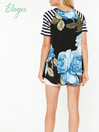 Summer Cool Floral Stripe Raglan Stripe Sleeve Top T Shirt Blouse |  Small -3 XL