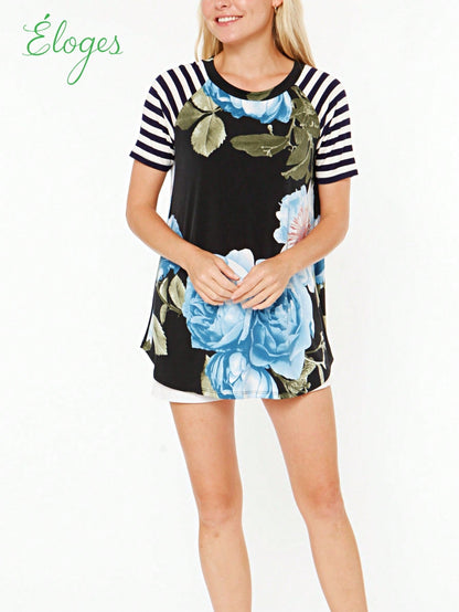 Summer Cool Floral Stripe Raglan Stripe Sleeve Top T Shirt Blouse |  Small -3 XL