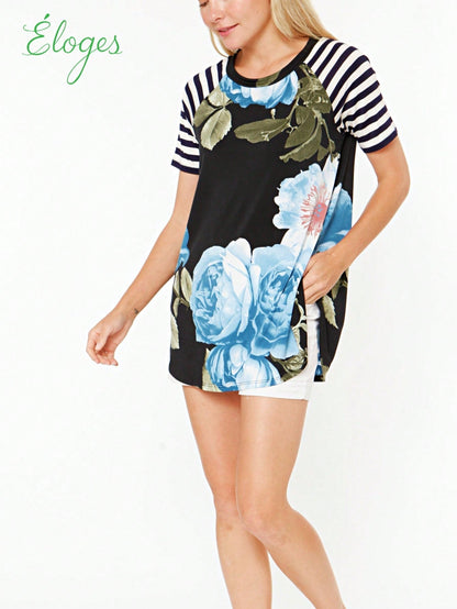 Summer Cool Floral Stripe Raglan Stripe Sleeve Top T Shirt Blouse |  Small -3 XL