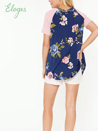 Summer Cool Floral Stripe Raglan Stripe Sleeve Top T Shirt Blouse |  Small -3 XL