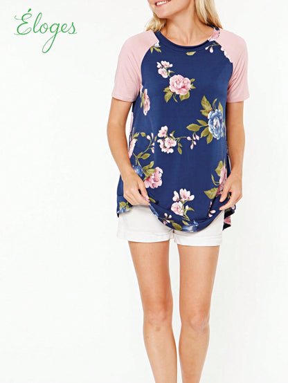 Summer Cool Floral Stripe Raglan Stripe Sleeve Top T Shirt Blouse |  Small -3 XL