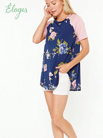 Summer Cool Floral Stripe Raglan Stripe Sleeve Top T Shirt Blouse |  Small -3 XL