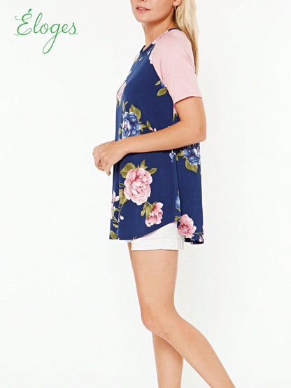 Summer Cool Floral Stripe Raglan Stripe Sleeve Top T Shirt Blouse |  Small -3 XL