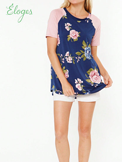 Summer Cool Floral Stripe Raglan Stripe Sleeve Top T Shirt Blouse |  Small -3 XL
