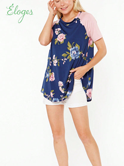 Summer Cool Floral Stripe Raglan Stripe Sleeve Top T Shirt Blouse |  Small -3 XL
