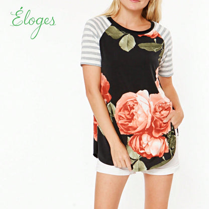 Summer Cool Floral Stripe Raglan Stripe Sleeve Top T Shirt Blouse |  Small -3 XL