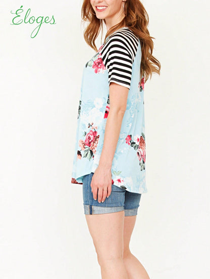Summer Cool Floral Stripe Raglan Stripe Sleeve Top T Shirt Blouse |  Small -3 XL