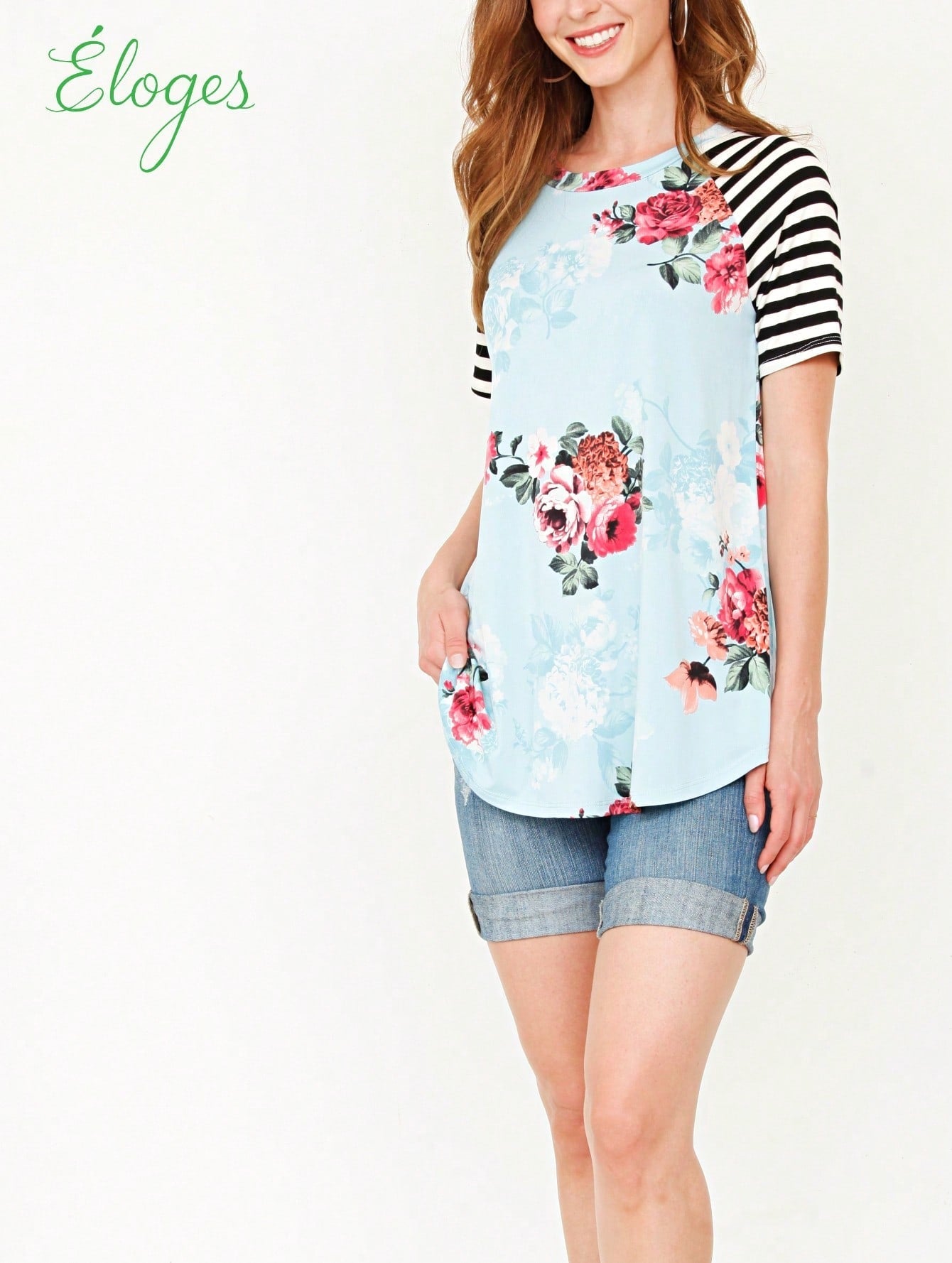 Summer Cool Floral Stripe Raglan Stripe Sleeve Top T Shirt Blouse |  Small -3 XL