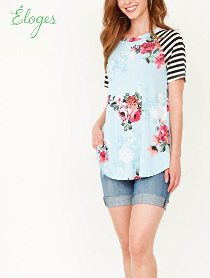 Summer Cool Floral Stripe Raglan Stripe Sleeve Top T Shirt Blouse |  Small -3 XL