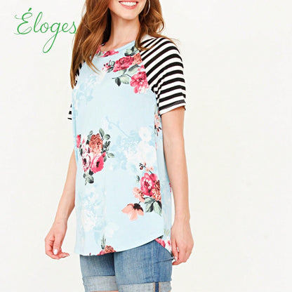 Summer Cool Floral Stripe Raglan Stripe Sleeve Top T Shirt Blouse |  Small -3 XL