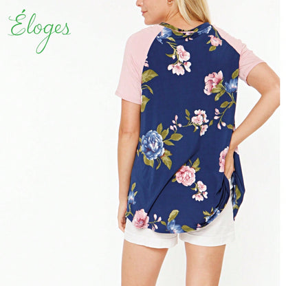 Summer Cool Floral Stripe Raglan Stripe Sleeve Top T Shirt Blouse |  Small -3 XL