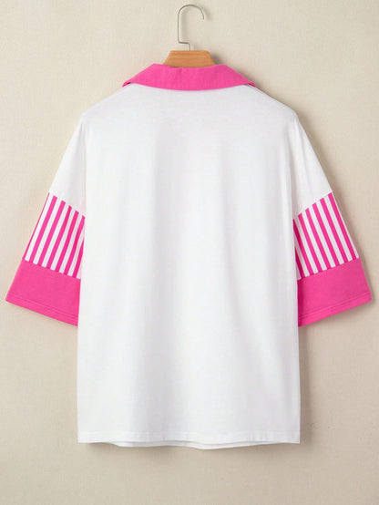 Boho Retro Vintage 90's Stripe Cotton Drop Shoulder Over Size V Neck Rugby  Preppy Shirt  Top Pullover Sweater